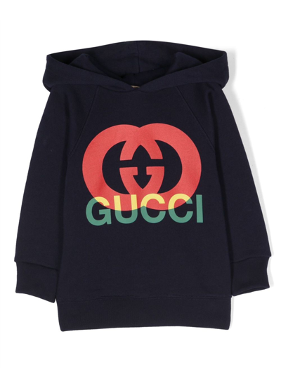 Gucci Babies' Interlocking G Cotton Hoodie In Blue