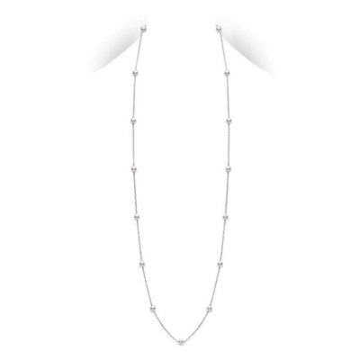Mikimoto Chain & Pearl Station Necklace In 18kt White Gold 32" 15 Pearls - Pcl2w