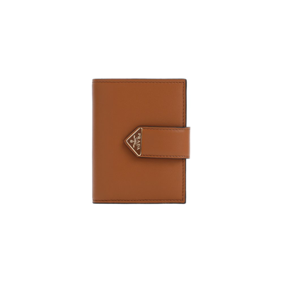 Prada Logo Plaque Front Flap Wallet In Brown