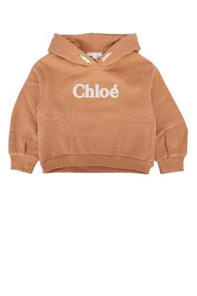 Chloé Kids Long Sleeved Logo Embroidered Hoodie In Brown