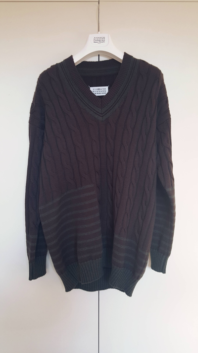 Pre-owned Maison Margiela Cable-knit V-neck Wool Sweater In Brown Tan