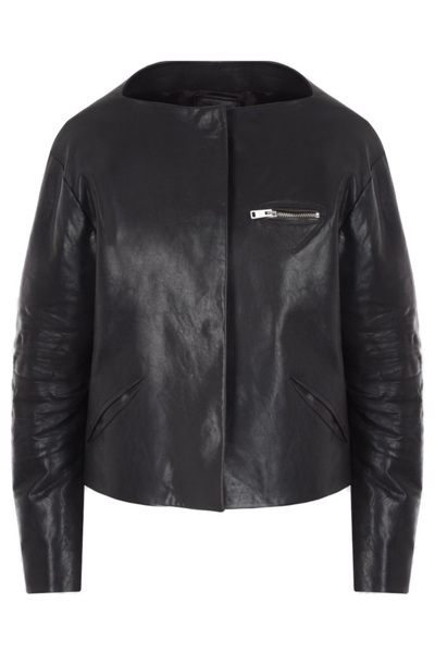 Prada Collarless Zipped Leather Jacket In Black