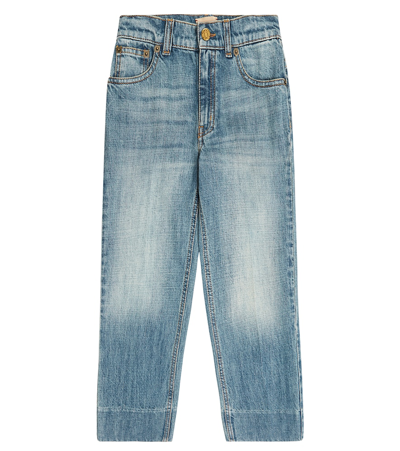 Gucci Kids Logo Patch Straight Leg Jeans In Blue