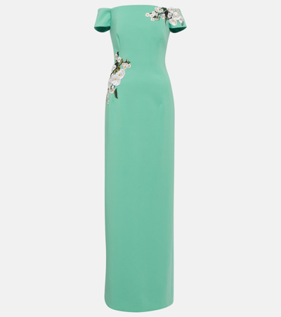 Oscar De La Renta Off Shoulder Geranium Threadwork Gown In Sage/white