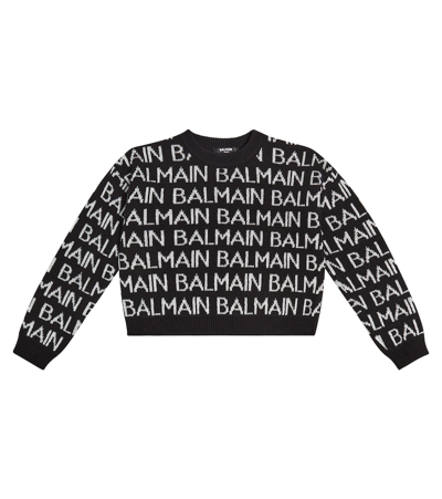 Balmain Kids' Logo Intarsia Wool-blend Sweater In Black