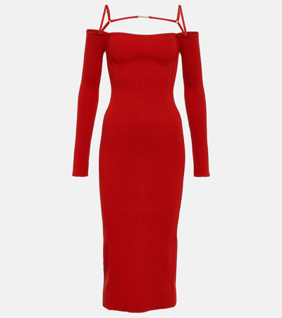 Jacquemus La Robe Sierra Cold Shoulder Long Sleeve Rib Cotton Sweater Dress In Red