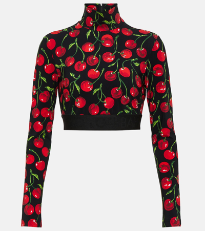 Dolce & Gabbana Cherry-print Long-sleeve Crop Top In Black