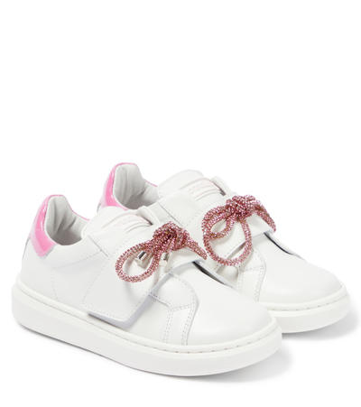Monnalisa Kids' Floral-appliqué Leather Sneakers In Pink
