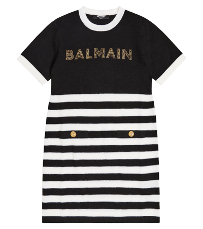 Balmain Kids' Logo羊毛混纺条纹针织连衣裙 In Black