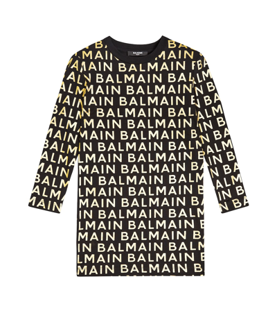 Balmain Kids' Logo印花棉质平纹针织连衣裙 In Black