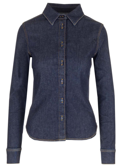 Alaïa Contrast-stitched Slim-fit Cotton-blend Shirt In Bleu Denim