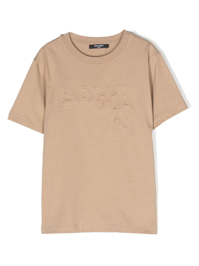 Balmain Logo-embossed Cotton T-shirt In Braun