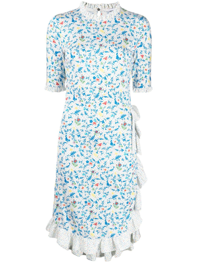 Paco Rabanne Floral-print Ruffle-detailing Dress In Weiss