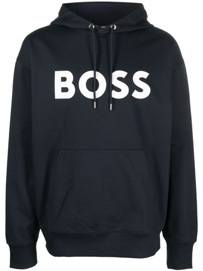 Hugo Boss Logo-print Drawstring Hoodie In Navy