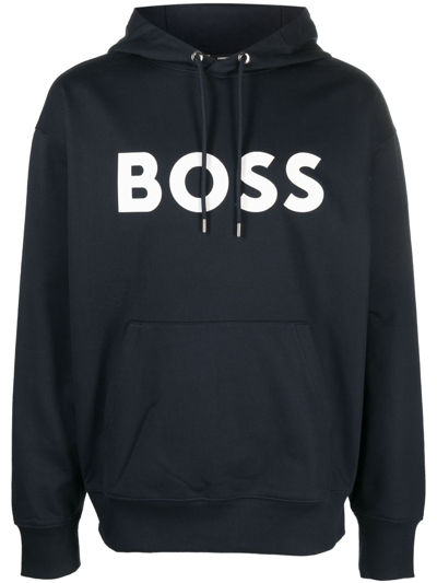 Hugo Boss Logo-print Cotton Hoodie In Blau