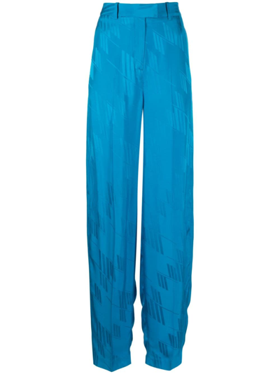 Attico Jagger Logo Jacquard Satin Wide Pants In Blue