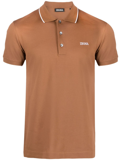Zegna Embroidered-logo.polo Shirt In Brown