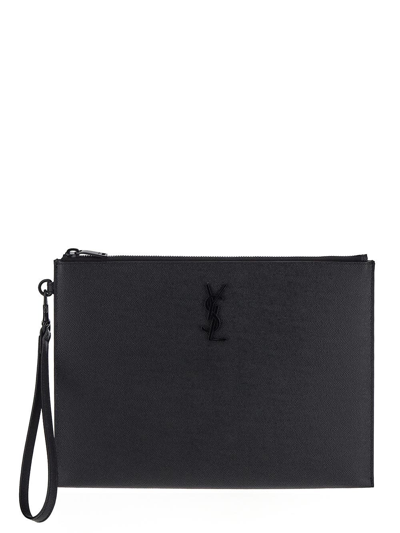 Saint Laurent Cassandre Zipped Tablet Holder In Grain De Poudre-embossed Leather In Black