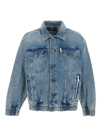 Balmain 70s Logo Cotton Denim Jacket In Blue