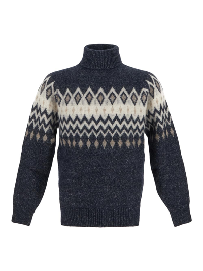Brunello Cucinelli Geometric Intarsia Knit Sweater In Blue