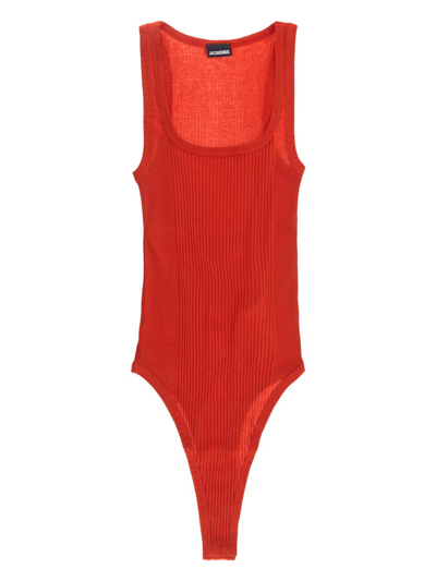 Jacquemus Le Body Caraco Ribbed Bodysuit In Red