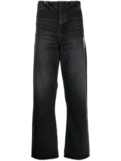 Miharayasuhiro Off-centre Whiskered Wide-leg Jeans In Black