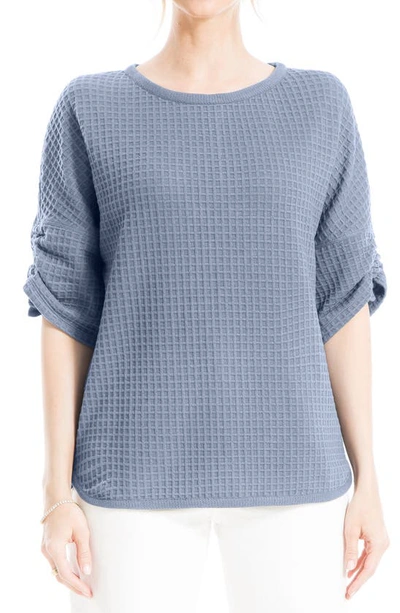 Max Studio Ruched Elbow Sleeve Waffle Knit Top In Flint Blue