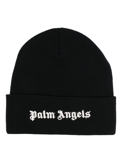Palm Angels Logo-embroidered Cotton Beanie In Black