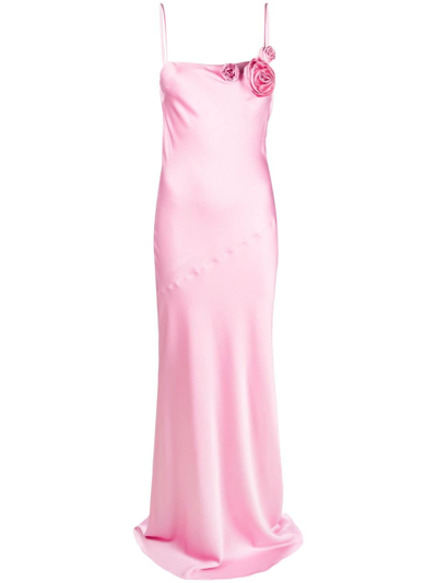 Blumarine Rose-appliqué Silk-blend Maxi Dress In Pink & Purple