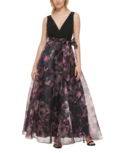 Eliza J Women's Floral-skirt Bow-embellished Ballgown In Black Plum