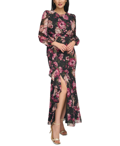 Eliza J Women's Floral-print Long-sleeve Cascade Maxi Dress In Black