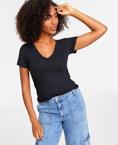 On 34th Women's Modal V-neck T-shirt, Created For Macy's In Deep Black