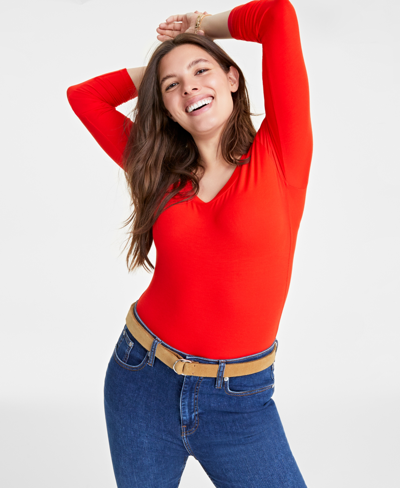 On 34th Women's Modal Long-sleeve Bodysuit, Created For Macy's In Fiery Red