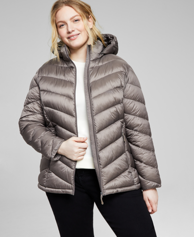 Charter Club Women's Plus Size Hooded Packable Puffer Coat, Created For Macy's In Taupe