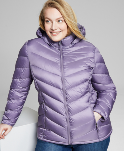 Charter Club Women's Plus Size Hooded Packable Puffer Coat, Created For Macy's In Dusty Violet
