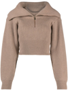 Jacquemus Risoul Cropped Ribbed Merino Wool Half-zip Sweater In Brown