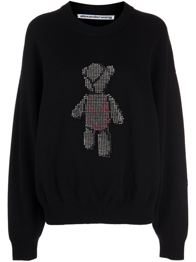 Alexander Wang Hot Fix Teddy Beiress Crewneck Wool Sweater In Black