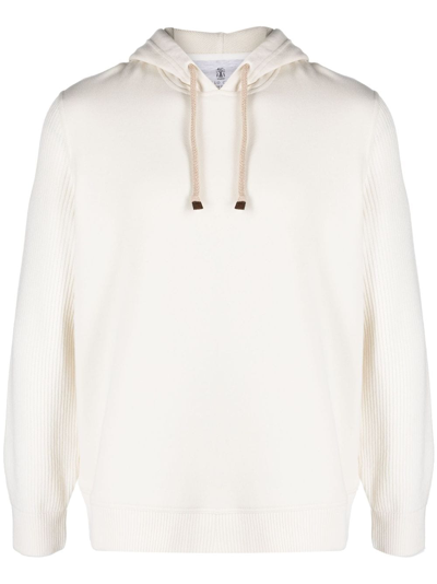 Brunello Cucinelli Ribbed-knit Drawstring Hoodie In Neutrals