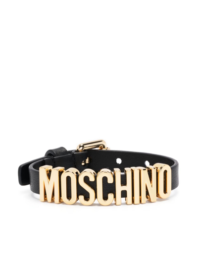 Moschino Logo-lettering Leather Bracelet In 黑色