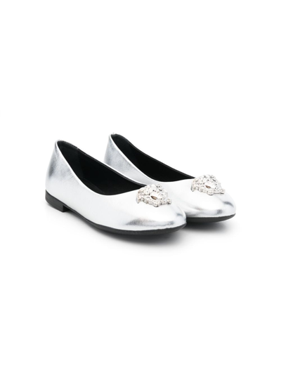 Versace Kids' Medusa Leather Ballerina Shoes In 银色