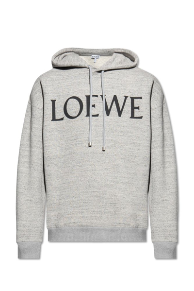 Loewe Logo Printed Drawstring Hoodie In Grey