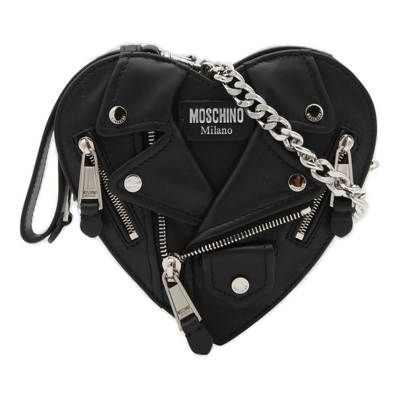 Moschino Heart Biker Zip Detailed Shoulder Bag In Black