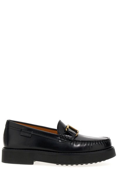 Tod's Logo Plaque Round Toe Loafers In Black