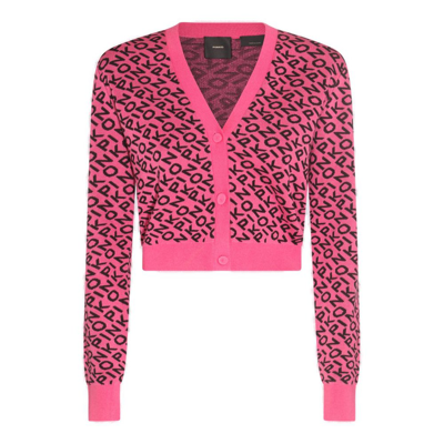 Pinko Allover Logo Knitted Cardigan In Pink/black