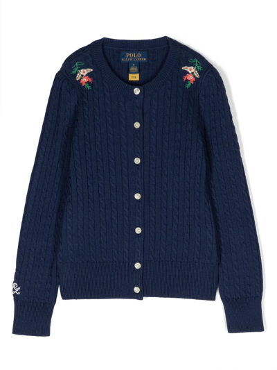 Ralph Lauren Kids' Embroidered Cable-knit Jumper In Blue