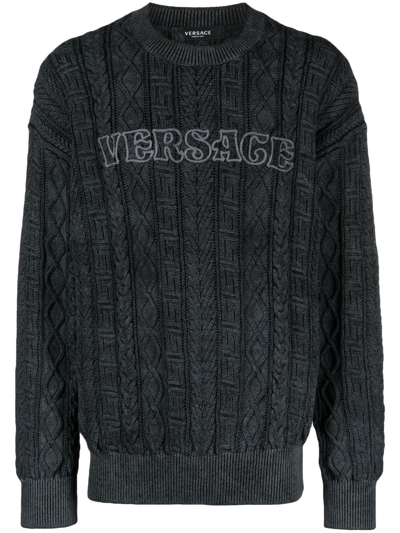 Versace Logo-embroidered Crew Neck Jumper In Black