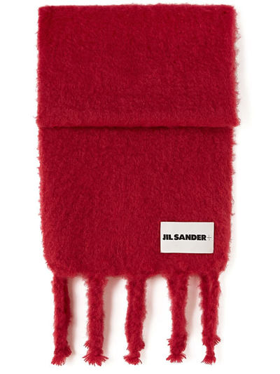 Jil Sander Logo-patch Chunky-knit Scarf In Red