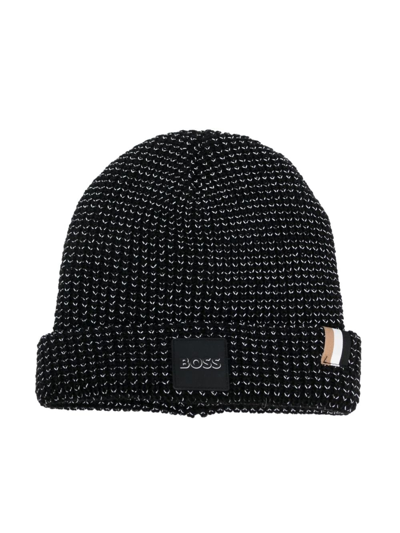 Bosswear Kids' Metallic-thread Logo-patch Beanie Hat In Black