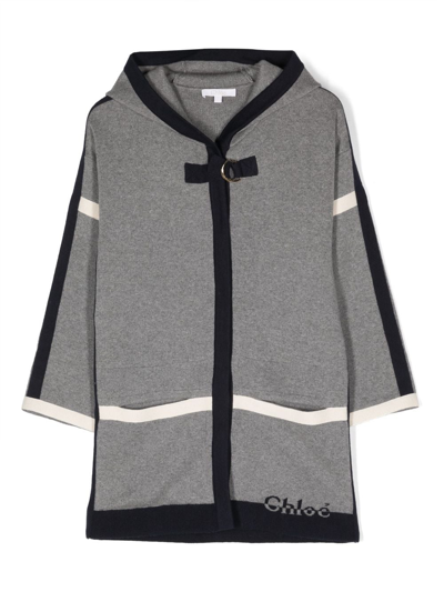 Chloé Kids' Intarsia-knit Hooded Coat In Gris