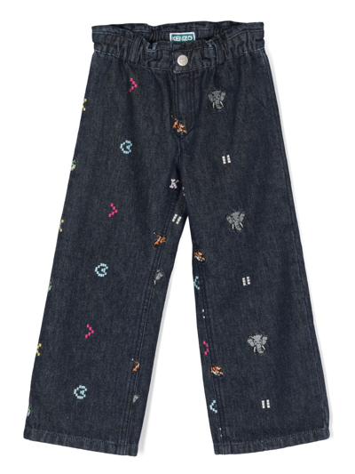 Kenzo Kids' Embroidered-detail Straight-leg Jeans In Blue